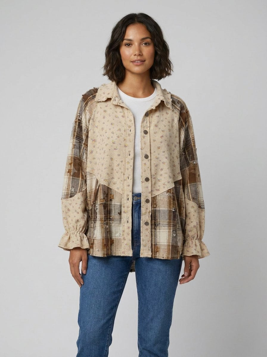 Boho oatmeal floral plaid patchwork waffle shacket front