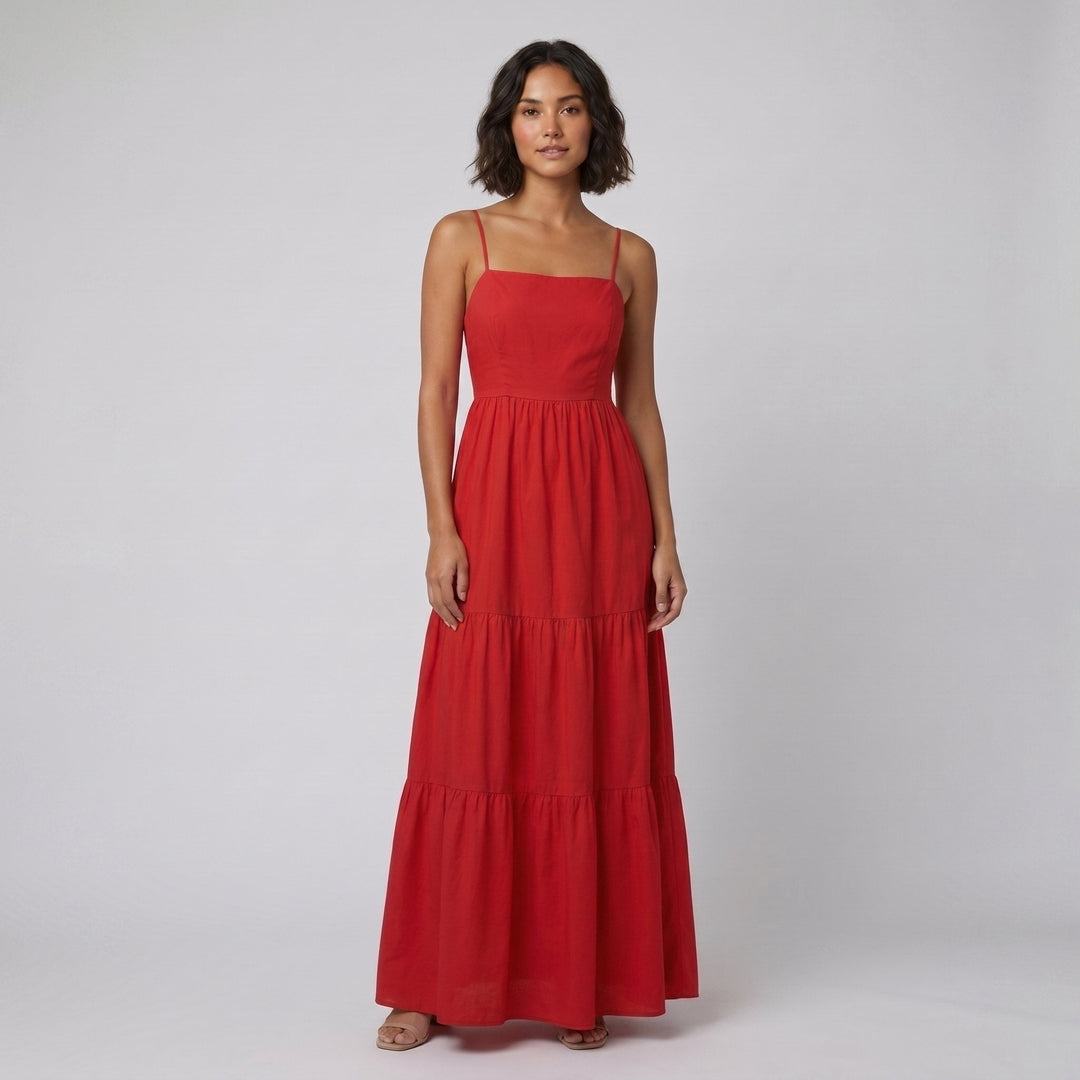 Sola red backless tiered maxi summer dress on model