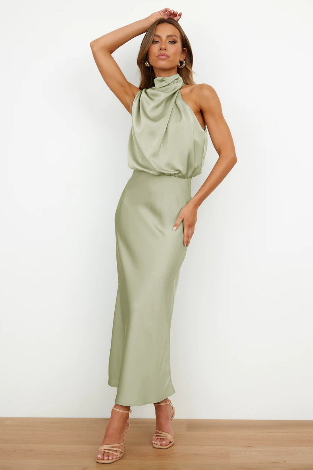 Ivy | Long Satin Dress with Halter Neckline
