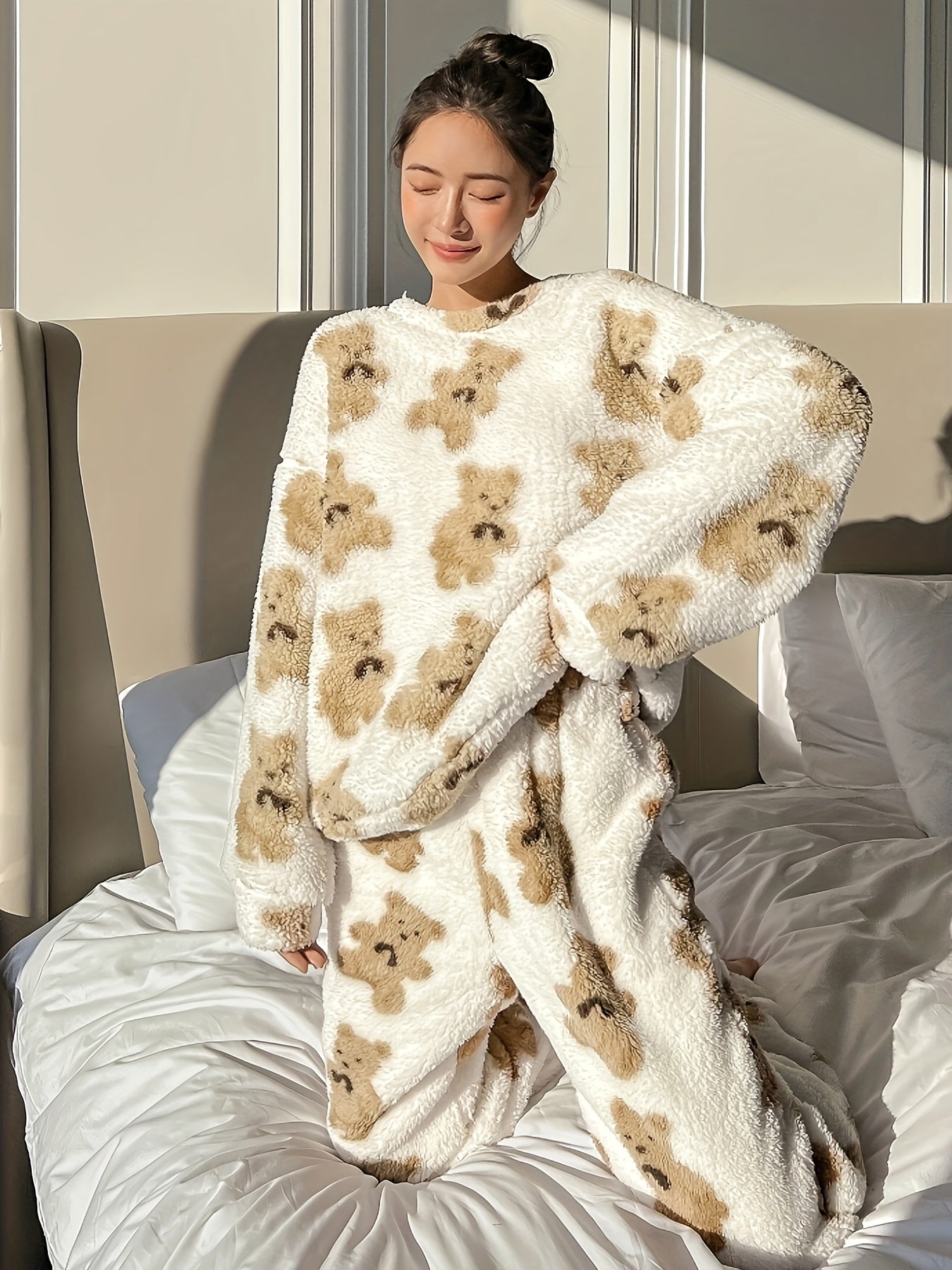 Teddy Bear Print Lounge Set | Ivory & Tan | Ultra-Soft Nylon | Cozy Loungewear