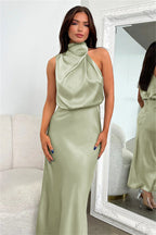 Ivy | Long Satin Dress with Halter Neckline