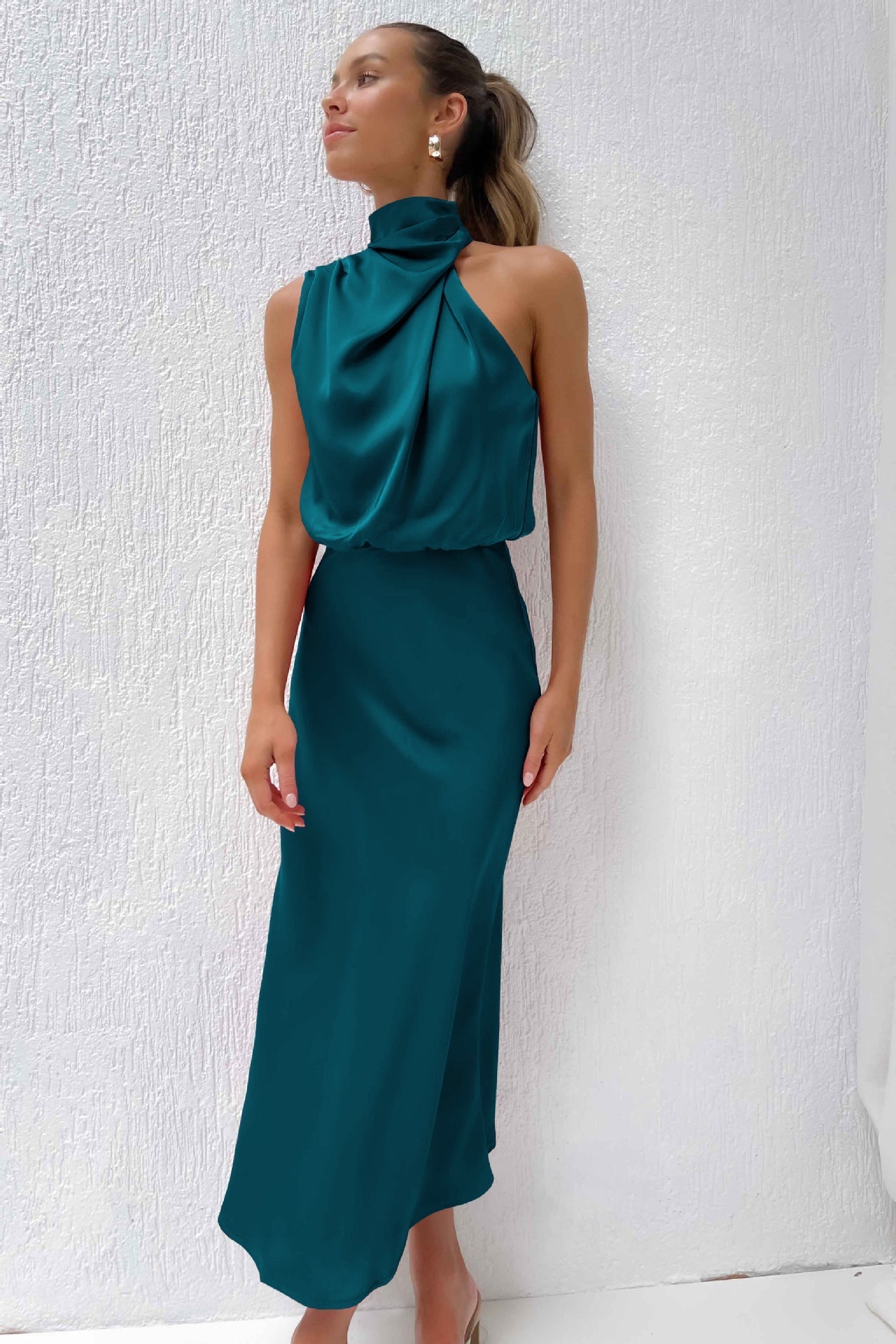 Ivy | Long Satin Dress with Halter Neckline