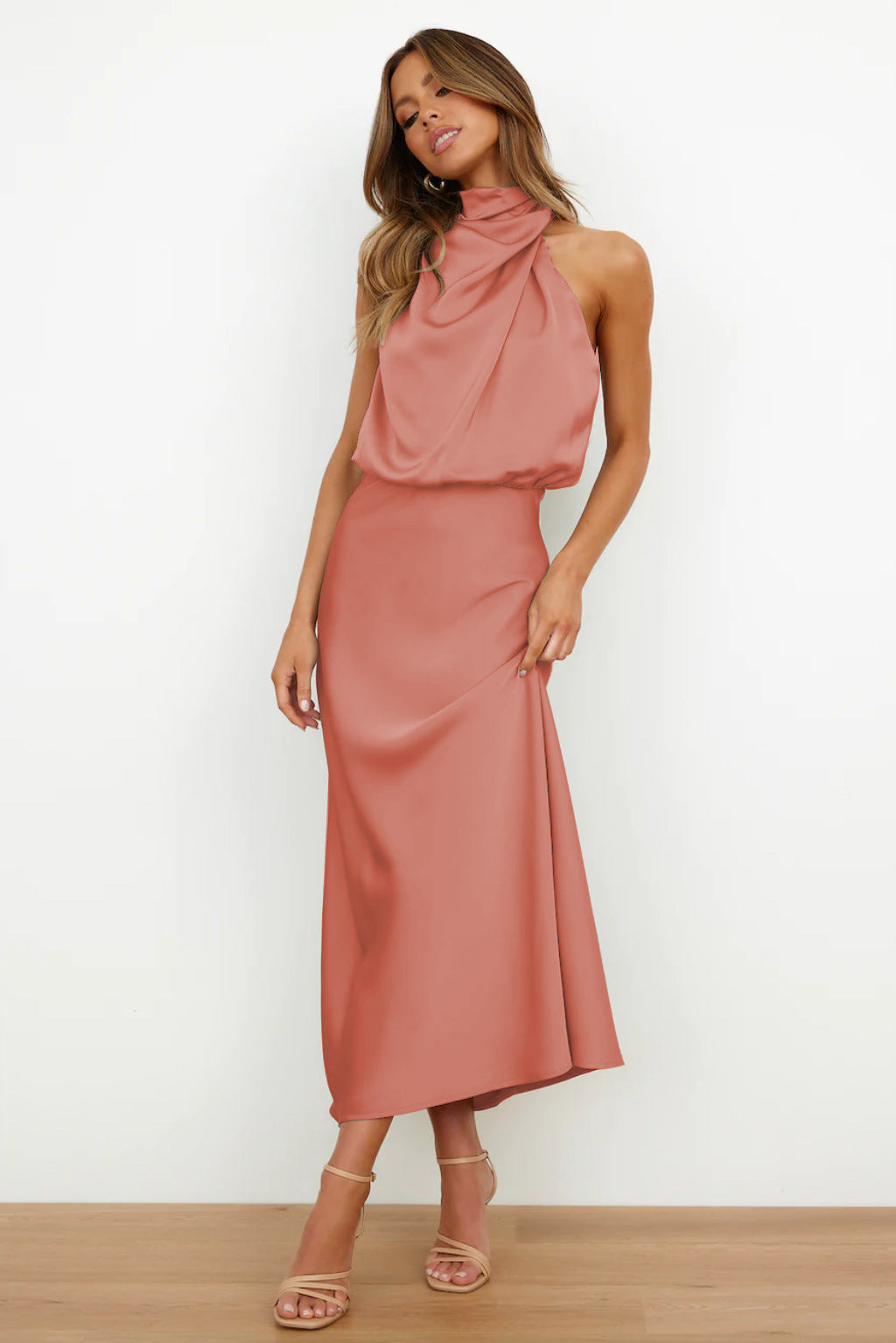 Ivy | Long Satin Dress with Halter Neckline