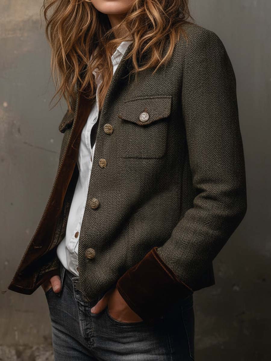 Herringbone | Tweed Blazer With Velvet Trim