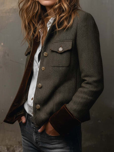 Herringbone Tweed Blazer With Velvet Trim