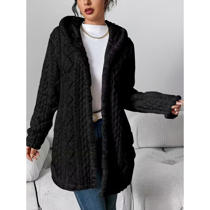 Women's Plush Coat, Hooded, Jacquard Fabric, Button-Down Front
