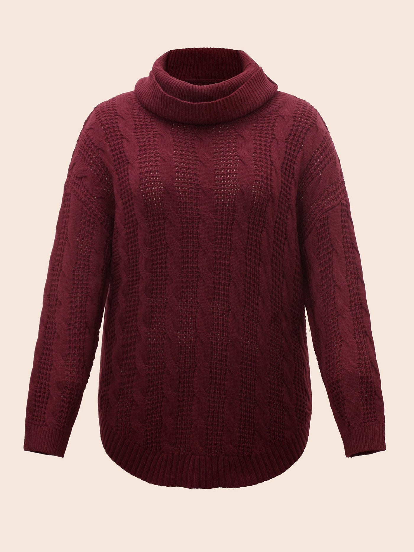 Turtleneck Cable Knit Curved Hem Pullover