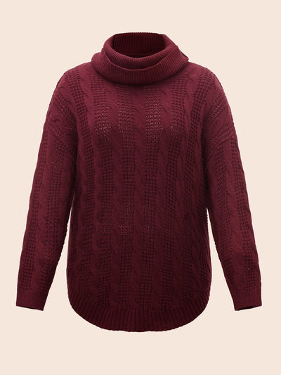 Turtleneck Cable Knit Curved Hem Pullover