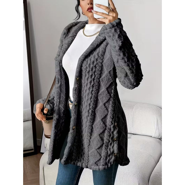 Women's Plush Coat, Hooded, Jacquard Fabric, Button-Down Front