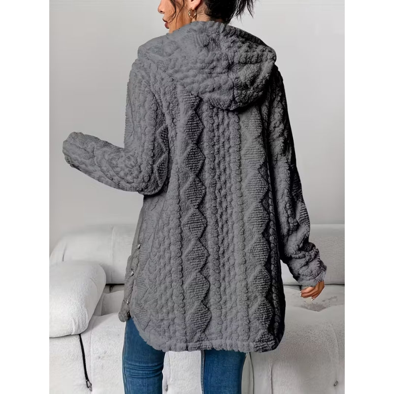 Women's Plush Coat, Hooded, Jacquard Fabric, Button-Down Front