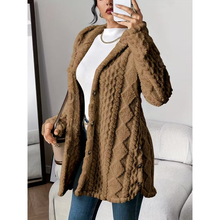 Women's Plush Coat, Hooded, Jacquard Fabric, Button-Down Front
