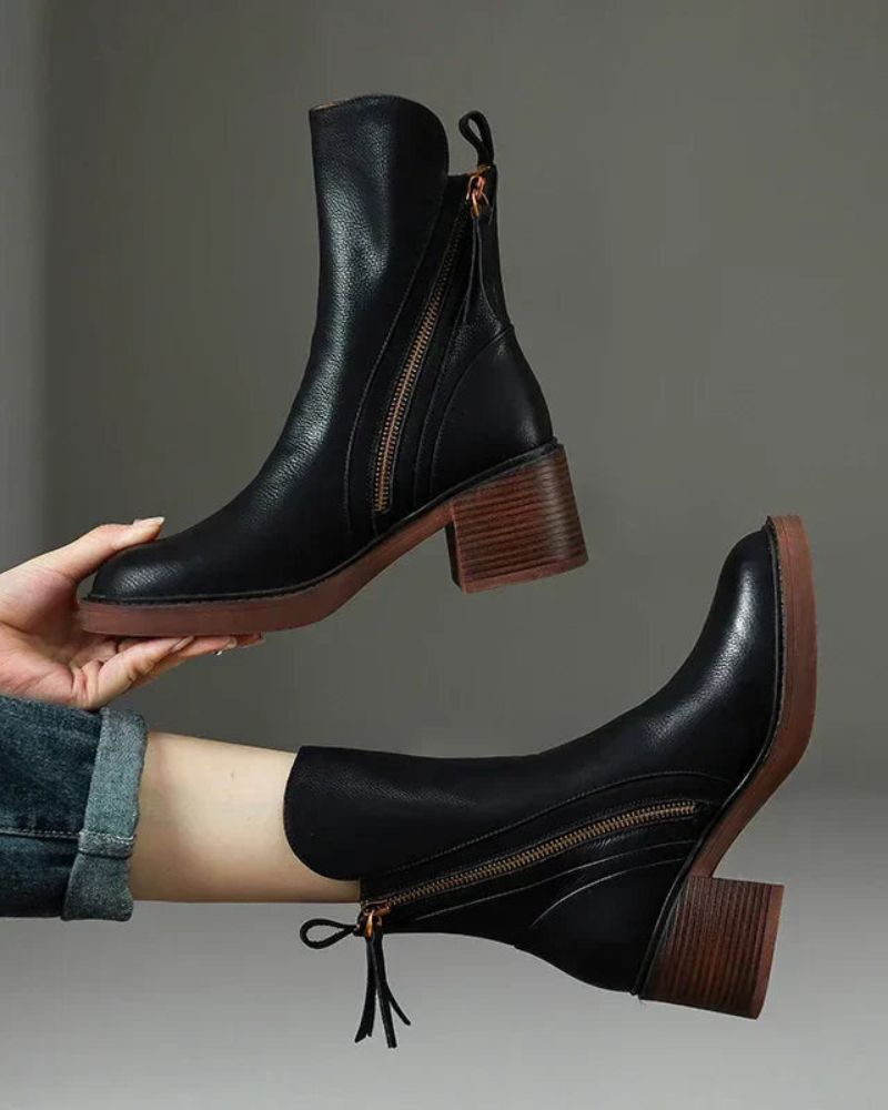 Women's Block Heel Boots, Faux Leather, Round Toe, Black or Brown