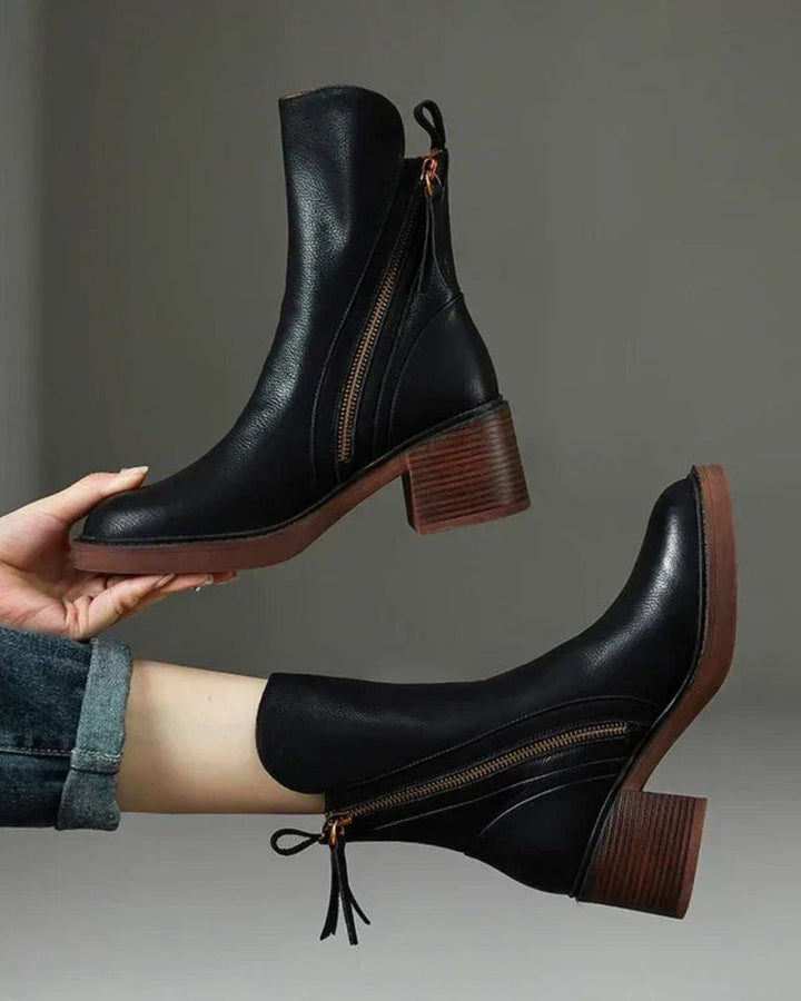 Women's Block Heel Boots, Faux Leather, Round Toe, Black or Brown