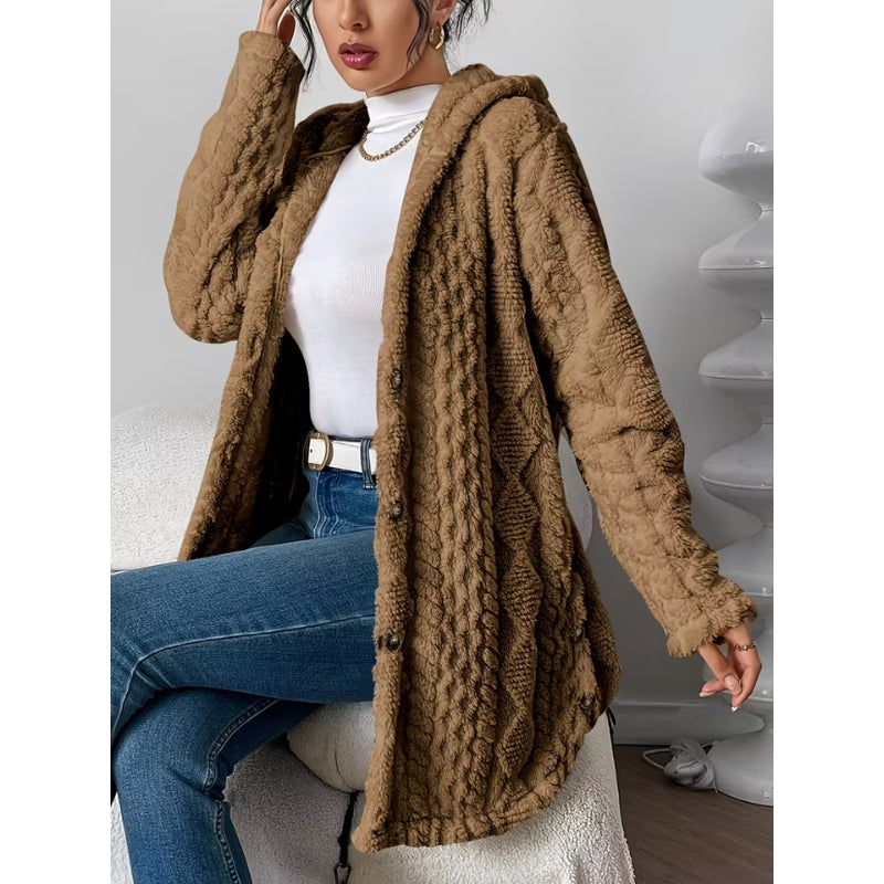 Women's Plush Coat, Hooded, Jacquard Fabric, Button-Down Front