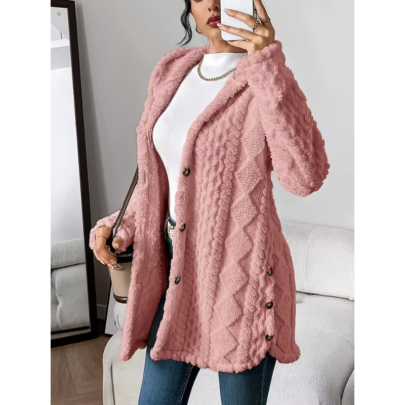 Women's Plush Coat, Hooded, Jacquard Fabric, Button-Down Front