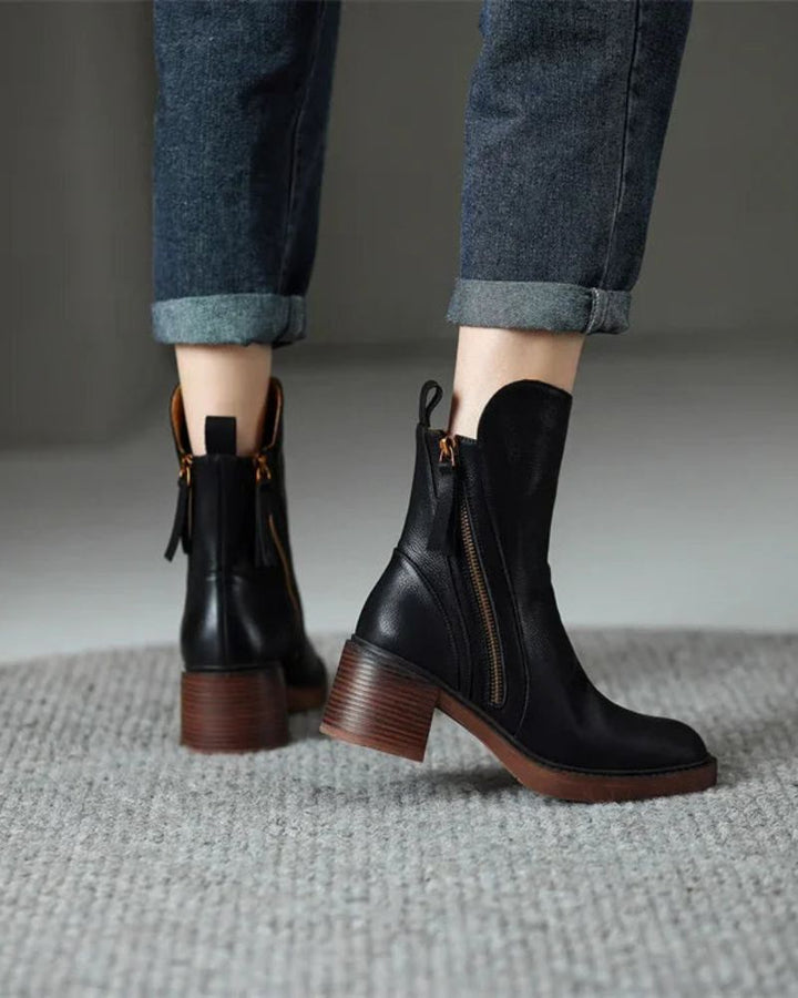 Women's Block Heel Boots, Faux Leather, Round Toe, Black or Brown
