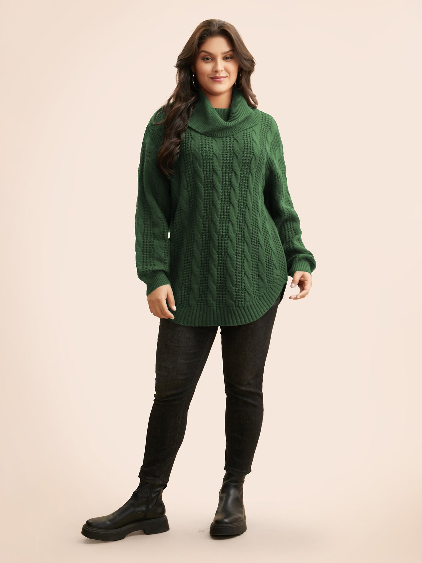 Turtleneck Cable Knit Curved Hem Pullover