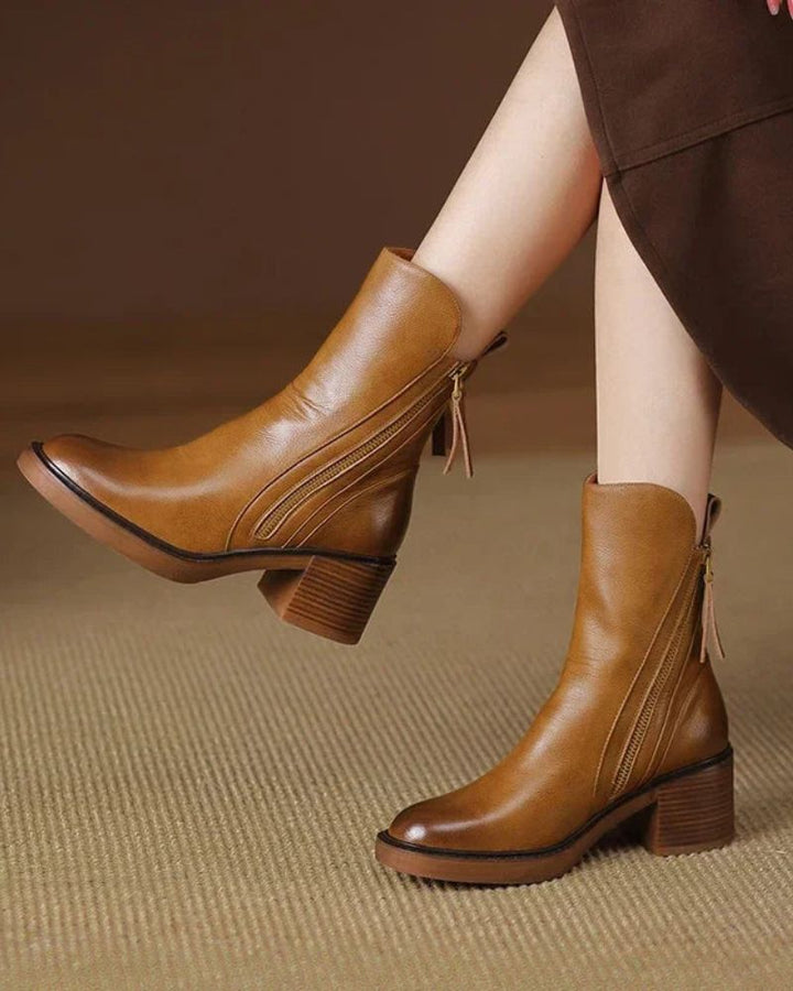 Women's Block Heel Boots, Faux Leather, Round Toe, Black or Brown