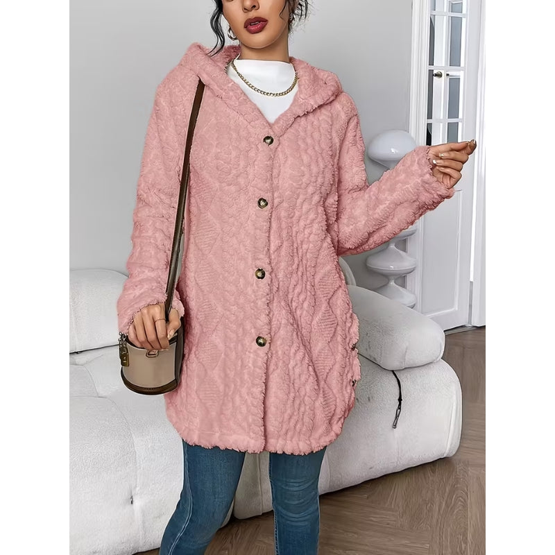 Women's Plush Coat, Hooded, Jacquard Fabric, Button-Down Front