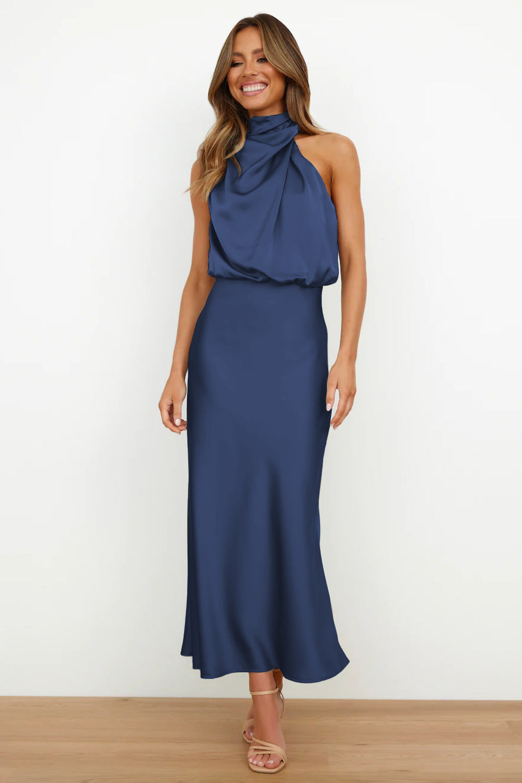 Ivy | Long Satin Dress with Halter Neckline