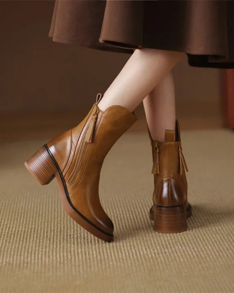 Women's Block Heel Boots, Faux Leather, Round Toe, Black or Brown