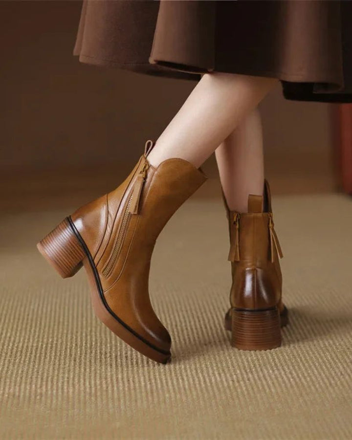 Women's Block Heel Boots, Faux Leather, Round Toe, Black or Brown