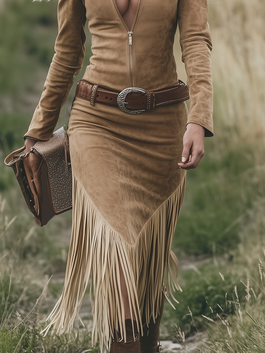 Rodeo Midi Dress | Premium Suede, Slim Fit, Tassel Detail - 4
