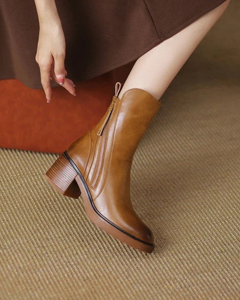 Women's Block Heel Boots, Faux Leather, Round Toe, Black or Brown