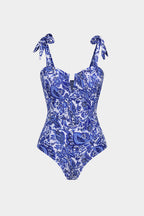 Retro Print V-Neck Tie-Up One-Piece Swimsuit