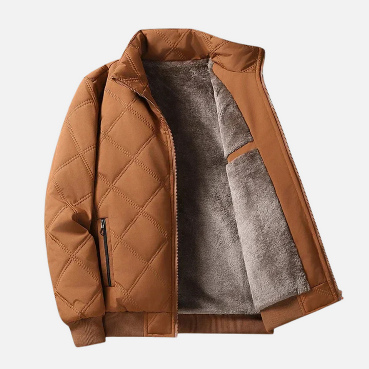 Men's Diamond-Quilted Jacket, High Collar, Zip Pockets, Ribbed Hem