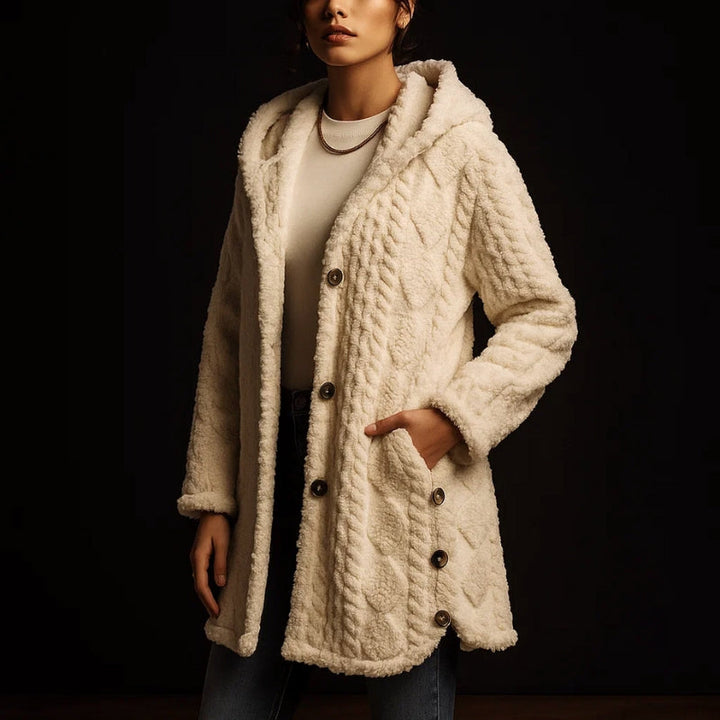 Women's Plush Coat, Hooded, Jacquard Fabric, Button-Down Front