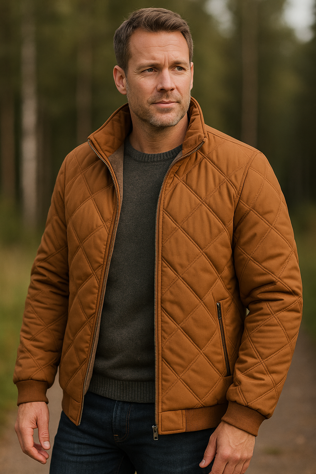 Men's Diamond-Quilted Jacket, High Collar, Zip Pockets, Ribbed Hem