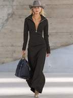 Elegant Retro Sporty V-neck Front Zipper Long-sleeved Pink Maxi Dress