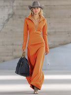Elegant Retro Sporty V-neck Front Zipper Long-sleeved Pink Maxi Dress