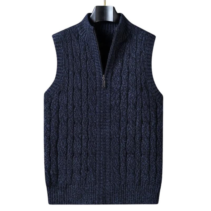 Cable Knit Sweater Vest | Full-Zip Front | Soft Wool Blend Layer