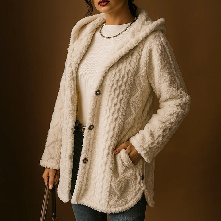 Women's Plush Coat, Hooded, Jacquard Fabric, Button-Down Front