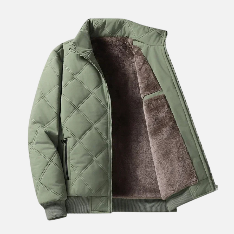Men's Diamond-Quilted Jacket, High Collar, Zip Pockets, Ribbed Hem