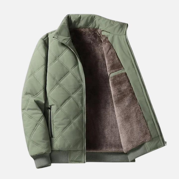 Men's Diamond-Quilted Jacket, High Collar, Zip Pockets, Ribbed Hem
