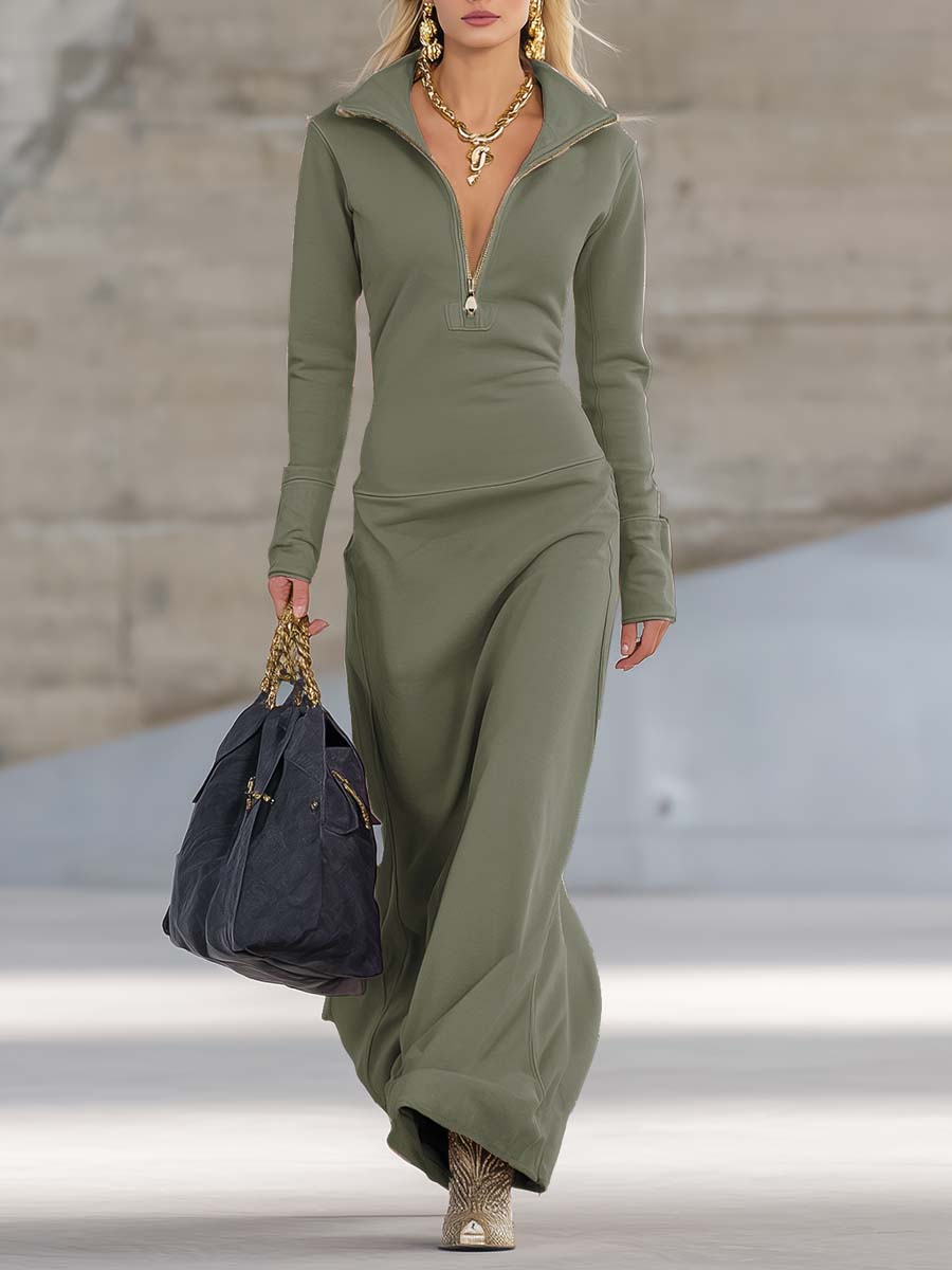 Elegant Retro Sporty V-neck Front Zipper Long-sleeved Pink Maxi Dress