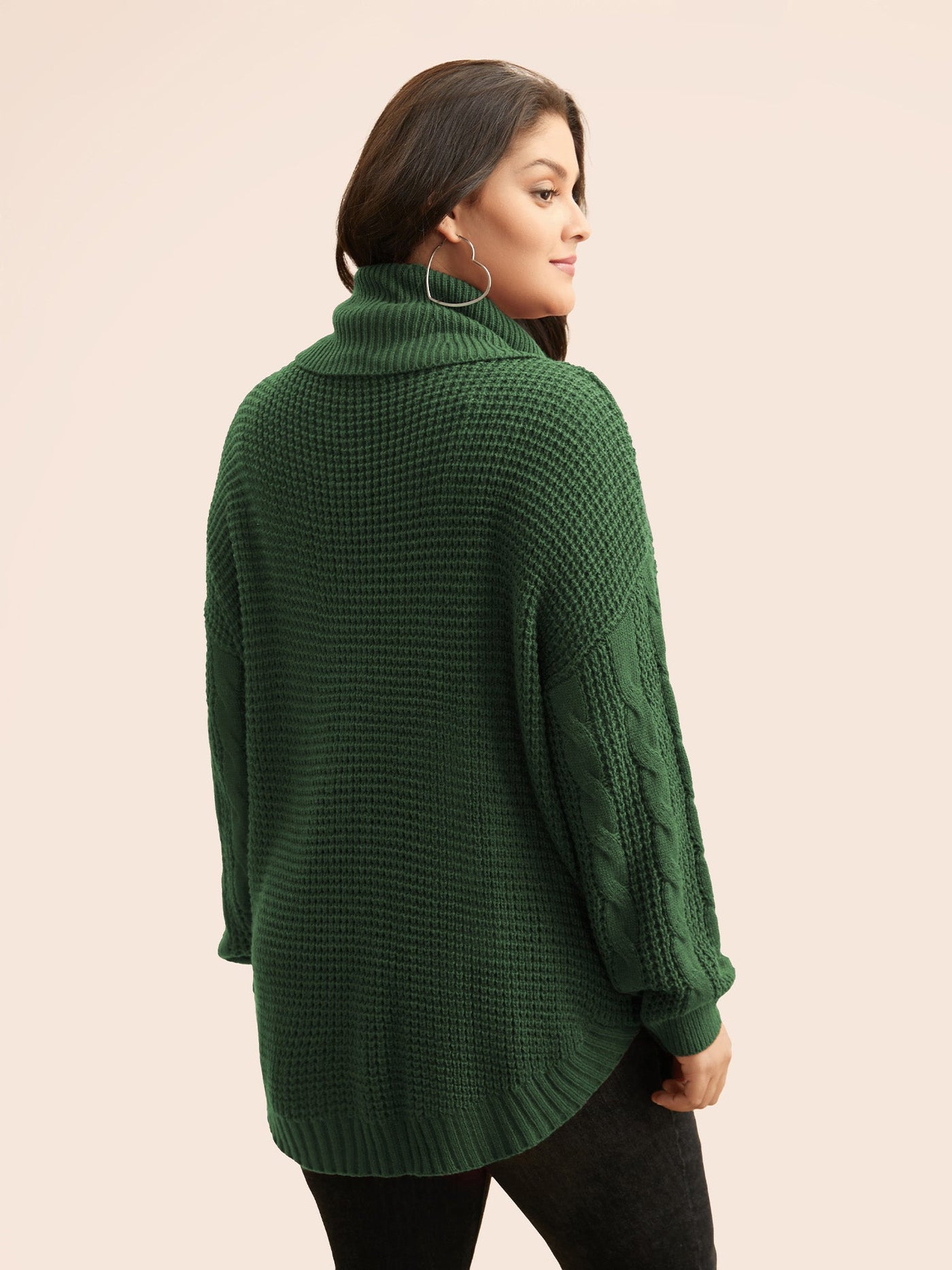 Turtleneck Cable Knit Curved Hem Pullover