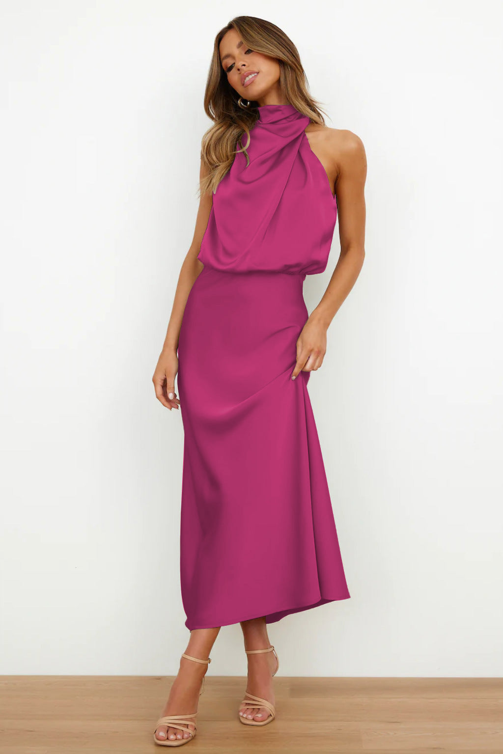 Ivy | Long Satin Dress with Halter Neckline