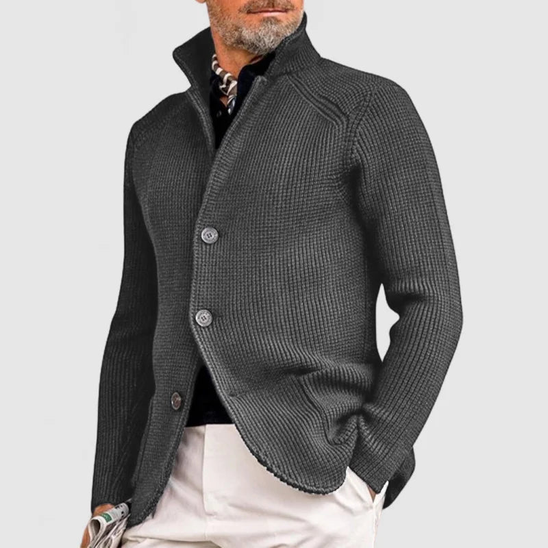 Ribbed Knit Button-Up Cardigan | Smart Casual Shawl Collar Sweater