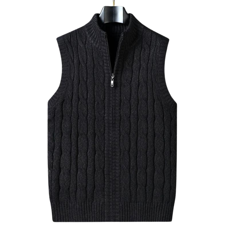 Cable Knit Sweater Vest | Full-Zip Front | Soft Wool Blend Layer