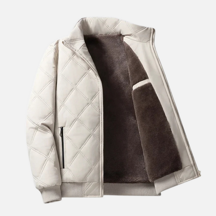 Men's Diamond-Quilted Jacket, High Collar, Zip Pockets, Ribbed Hem