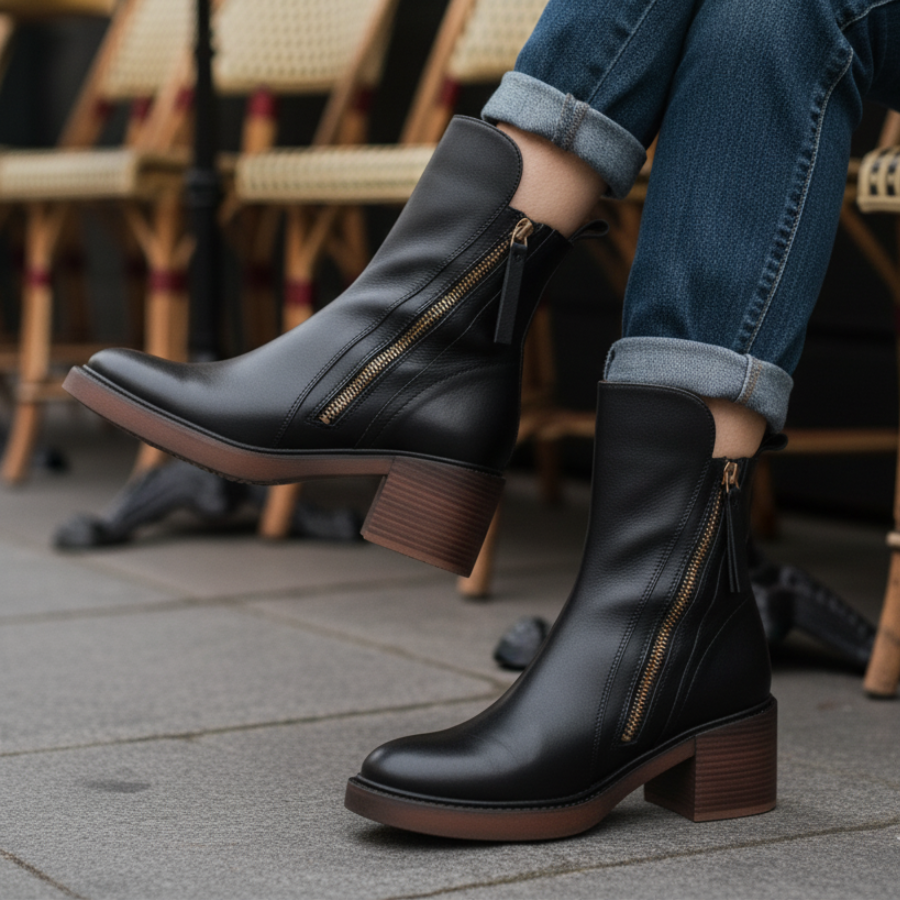 Women's Block Heel Boots, Faux Leather, Round Toe, Black or Brown