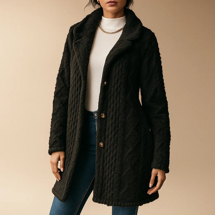 Women's Plush Coat, Hooded, Jacquard Fabric, Button-Down Front