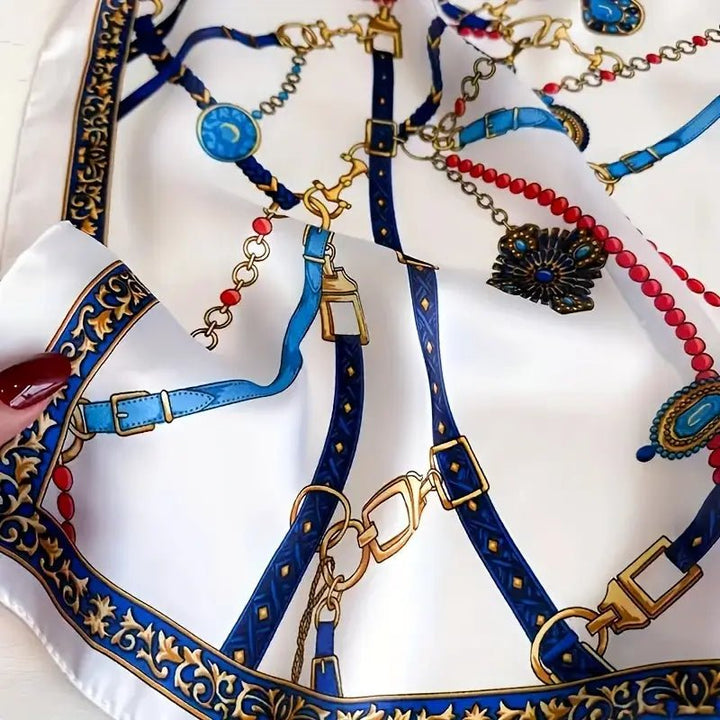 Rosa Silk Scarf | Vintage Equestrian Chain Print, Luxurious Square Scarf for Women - 6