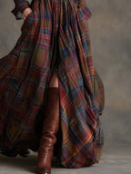Reddish Brown Maxi Dress | Vintage Plaid, Cotton Blend, Relaxed Fit - 4