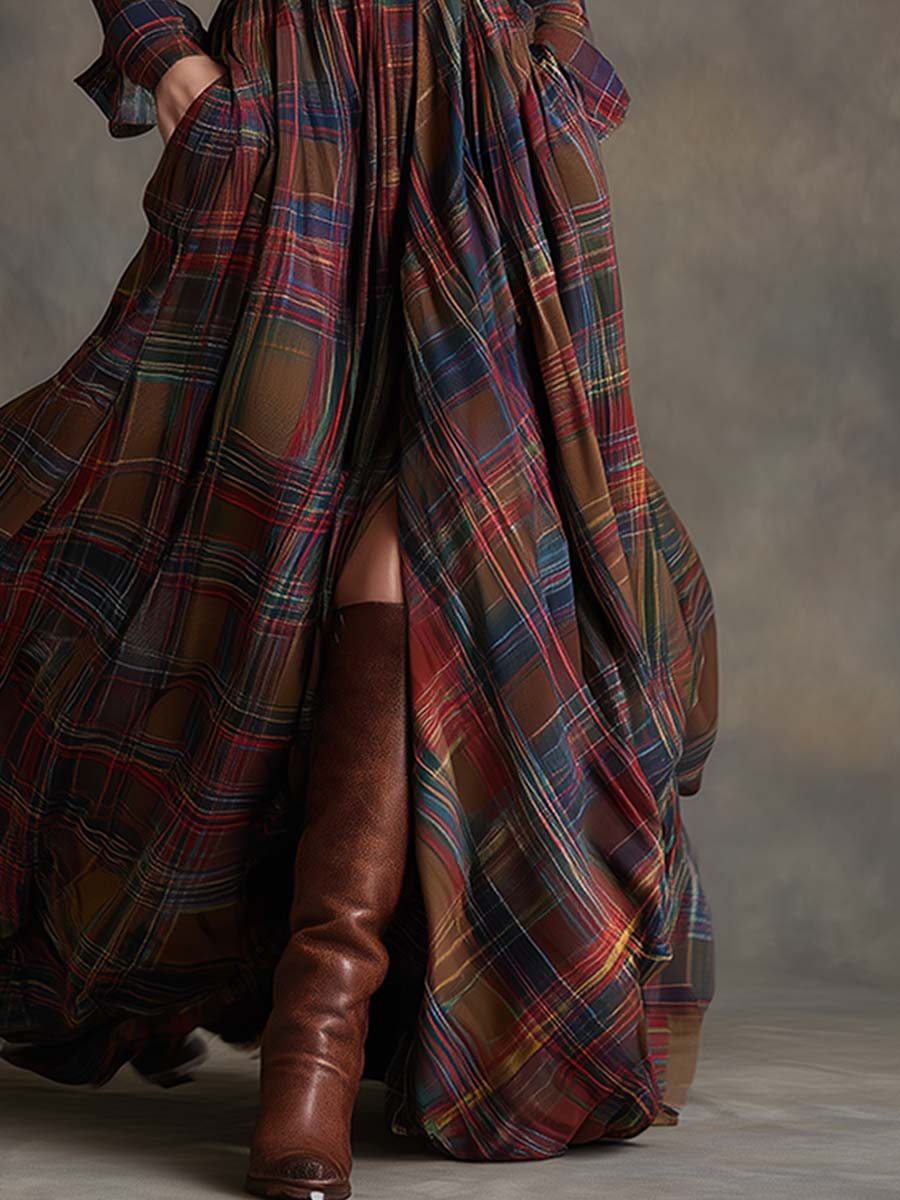 Reddish Brown Maxi Dress | Vintage Plaid, Cotton Blend, Relaxed Fit - 4