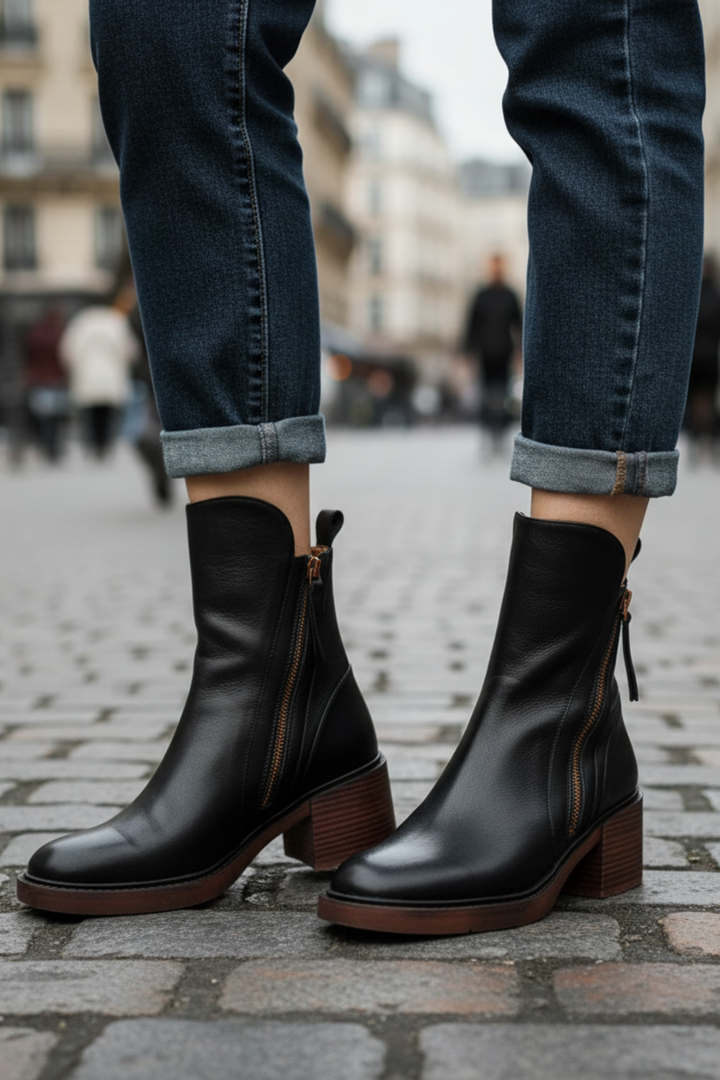 Women's Block Heel Boots, Faux Leather, Round Toe, Black or Brown